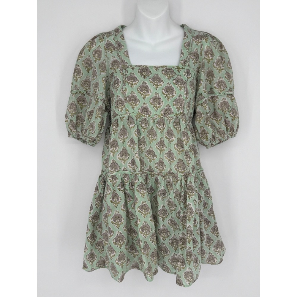 ANNA CATE Harper Dress XS Green Floral Smocked Puff Sleeve Boho Cottagecore Mini